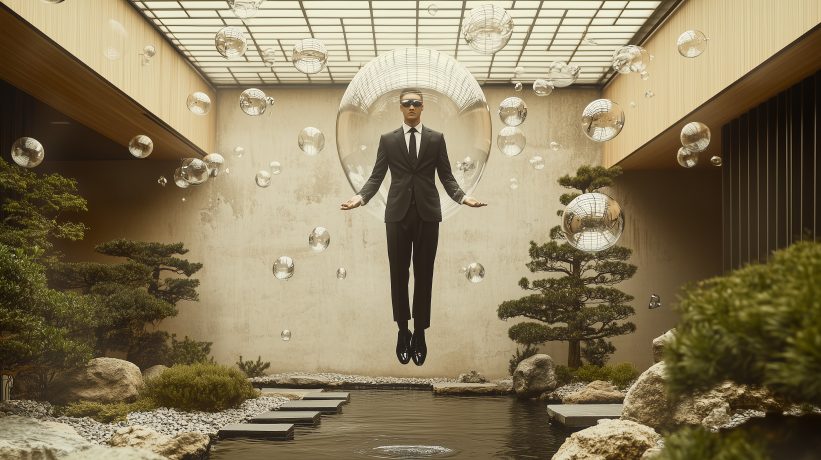  Attorney rising above water in zen garden with floating spheres