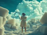 Woman in vintage dress examining clouds through magnifying glass surrounded by sugar cubes