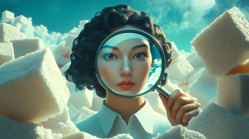 Close up portrait through magnifying glass of woman surrounded by sugar cubes