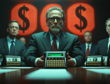 Serious businessmen with glowing dollar sign calculator displays