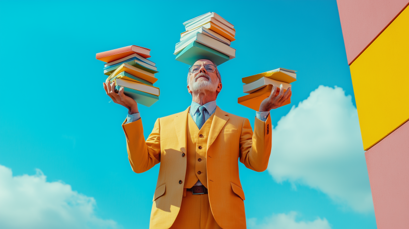 Man in yellow suit balancing stacks of books