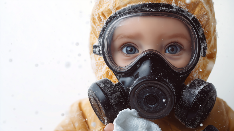 Baby wearing gas mask and winter coat in a toxic environment