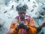 Young man checking phone surrounded by floating money and smoke effects