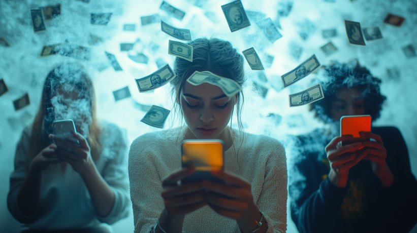 Woman looking at glowing phone screen with money falling around her