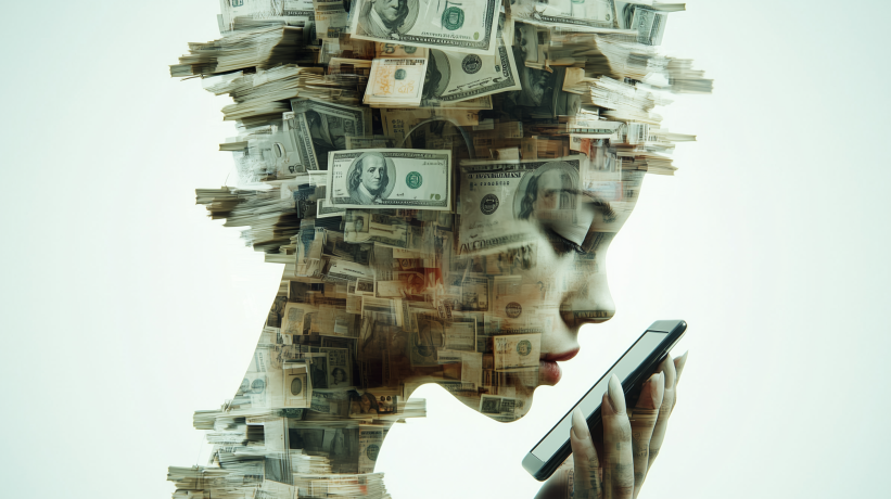  Double exposure portrait showing person using smartphone overlaid with US dollar bills