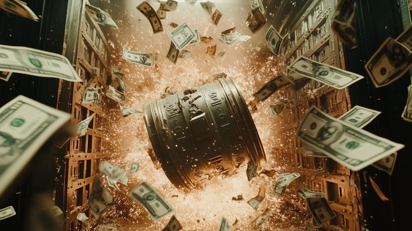 Bank vault exploding with dollar bills scattering