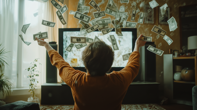 Person in orange sweater reaching towards TV screen with money flying out