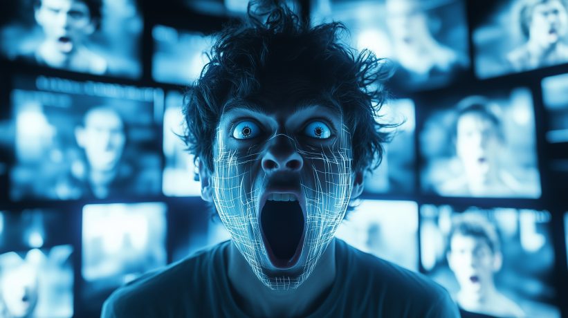 Man screaming with AI wireframe overlay on face