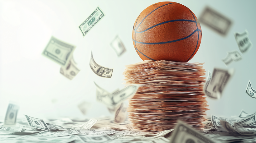 Basketball balanced on pile of cash with floating dollar bills