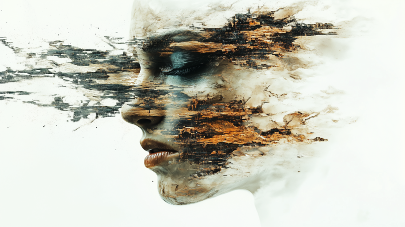 Double exposure of a woman's face and abstract digital art