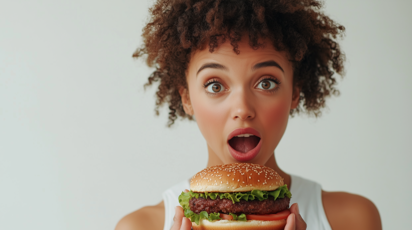 Young woman with natural curly hair excitedly preparing to bite into a Beyond Meat burger