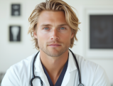 Serious male doctor looking at camera in medical office