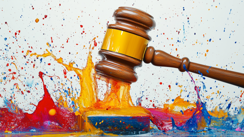 Wooden gavel striking colorful paint splash representing Capri Sun legal battle