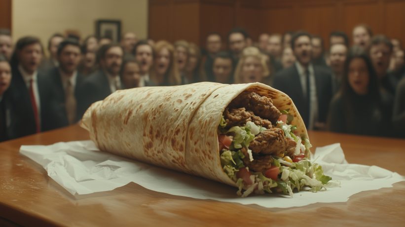 Chipotle burrito with crowd of business people watching in background during securities lawsuit