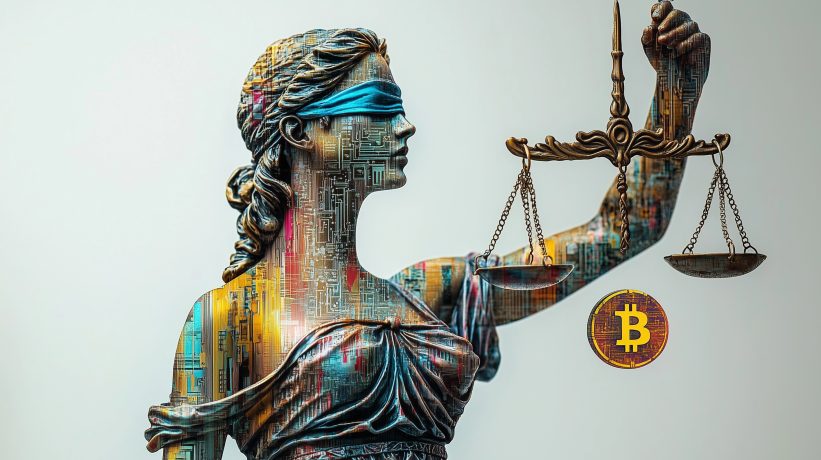 Digital art of Lady Justice statue made of circuit boards holding scales with Bitcoin and SEC logo