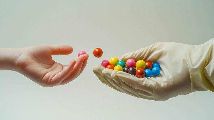 Hands sharing colorful candies highlighting food safety concerns