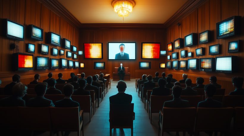 Rows of men in suits watching a large TV screen displaying a silhouetted man