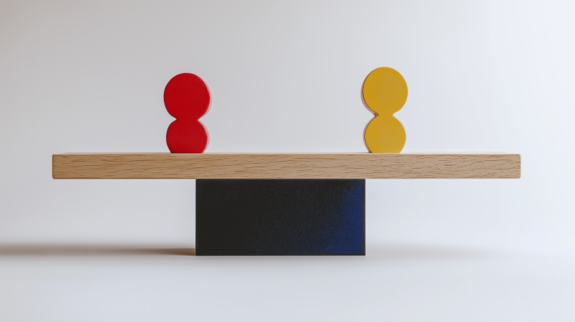 Wooden balance scale comparing red and yellow figures