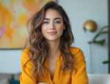 Woman with long brown wavy hair smiling in front of colorful abstract background