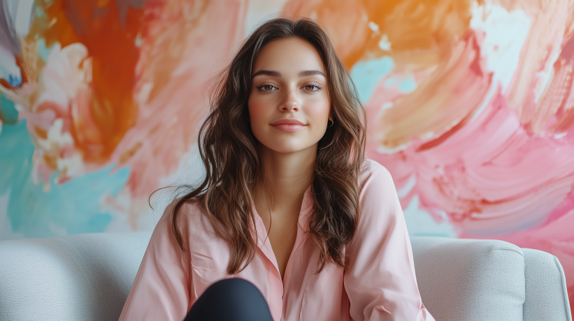 Smiling woman with long wavy hair wearing a pink blouse in a modern living room