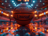 Basketball with Lawsuit text in dramatic arena lighting representing WBD NBA legal battle