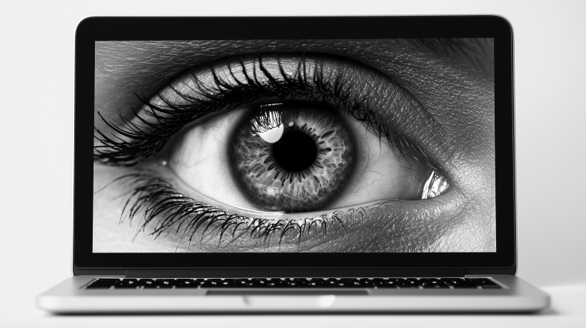 Detailed black and white macro photograph of human eye on laptop screen representing privacy monitoring