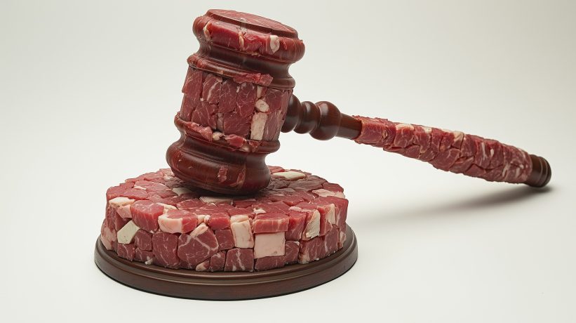 Meat-constructed legal gavel showing raw steak pieces