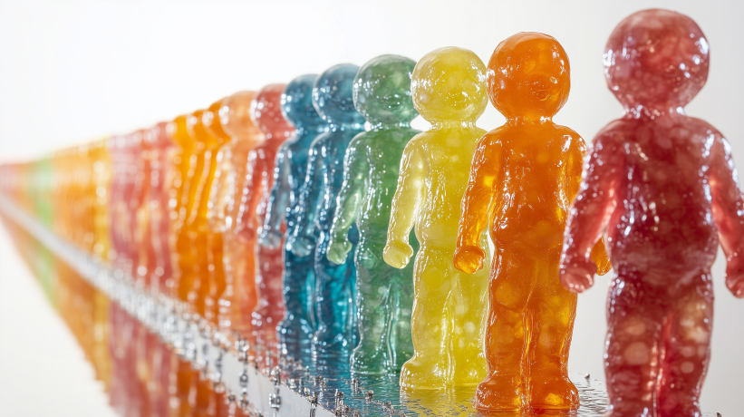 Rainbow of gummy figures illustrating alleged targeting of kids by ultra-processed food industry