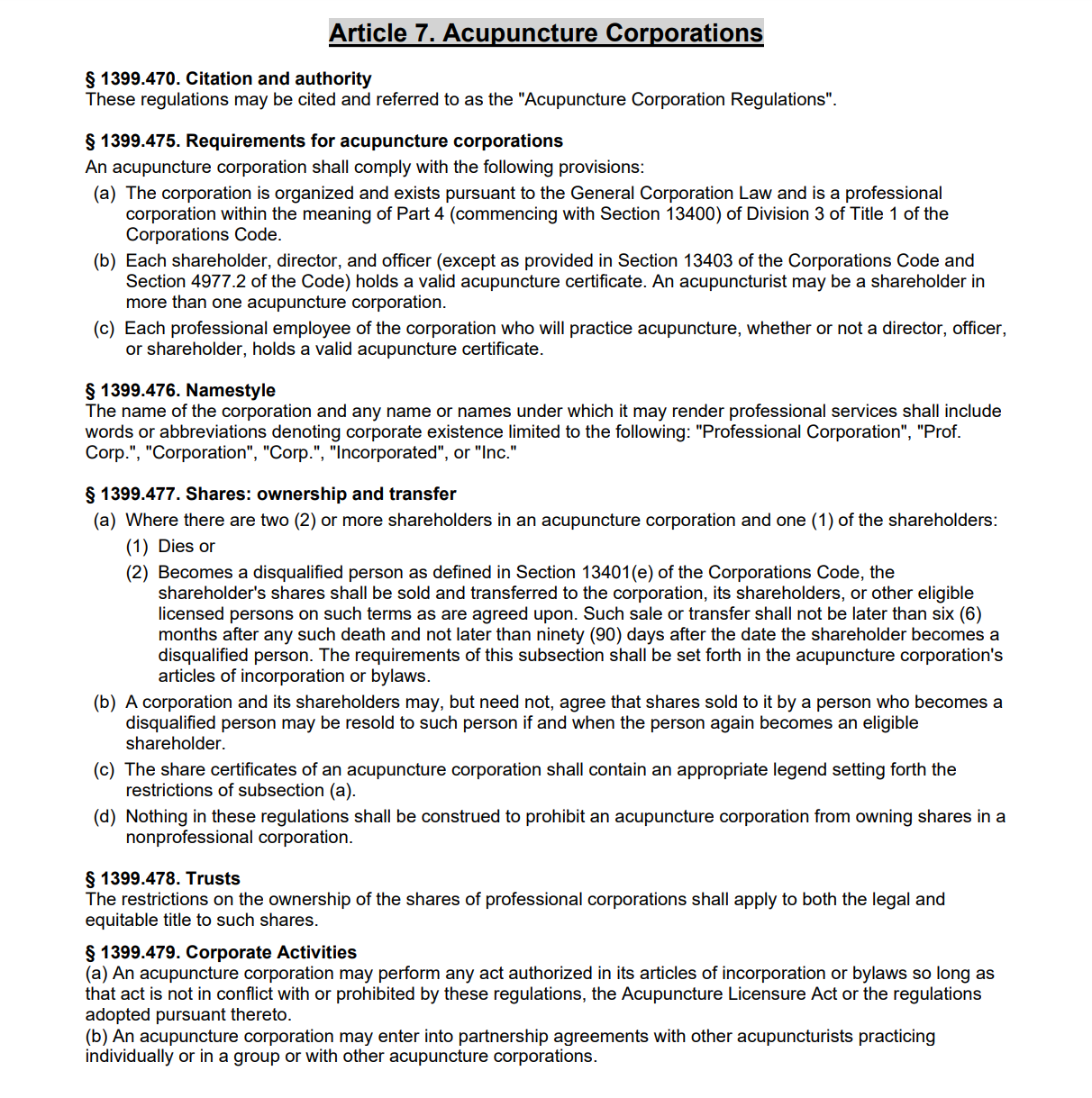 Rules Applicable to California Acupuncture Corporations