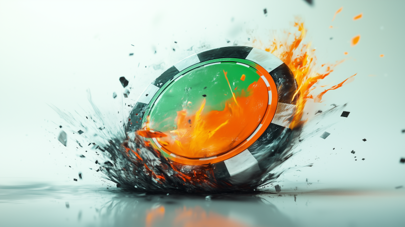 An orange and green casino chip exploding in shards and flame, capturing the intensity of alleged gambling harm