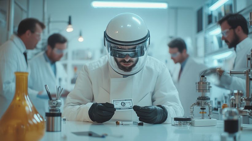 Scientist in protective helmet analyzing a card