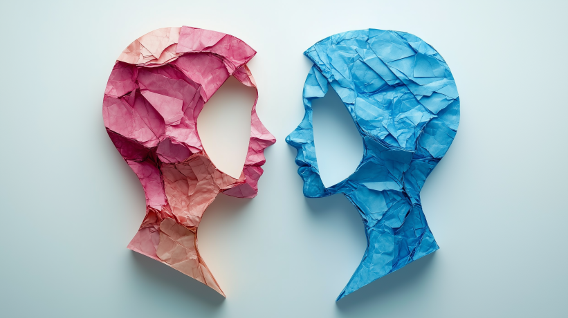 Abstract profiles in pink and blue made from crumpled paper, facing each other, symbolizing privacy and data breaches.