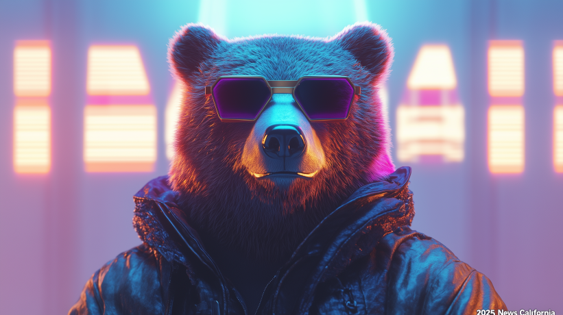 Close-up of a bear wearing sunglasses and a leather jacket in a futuristic California setting