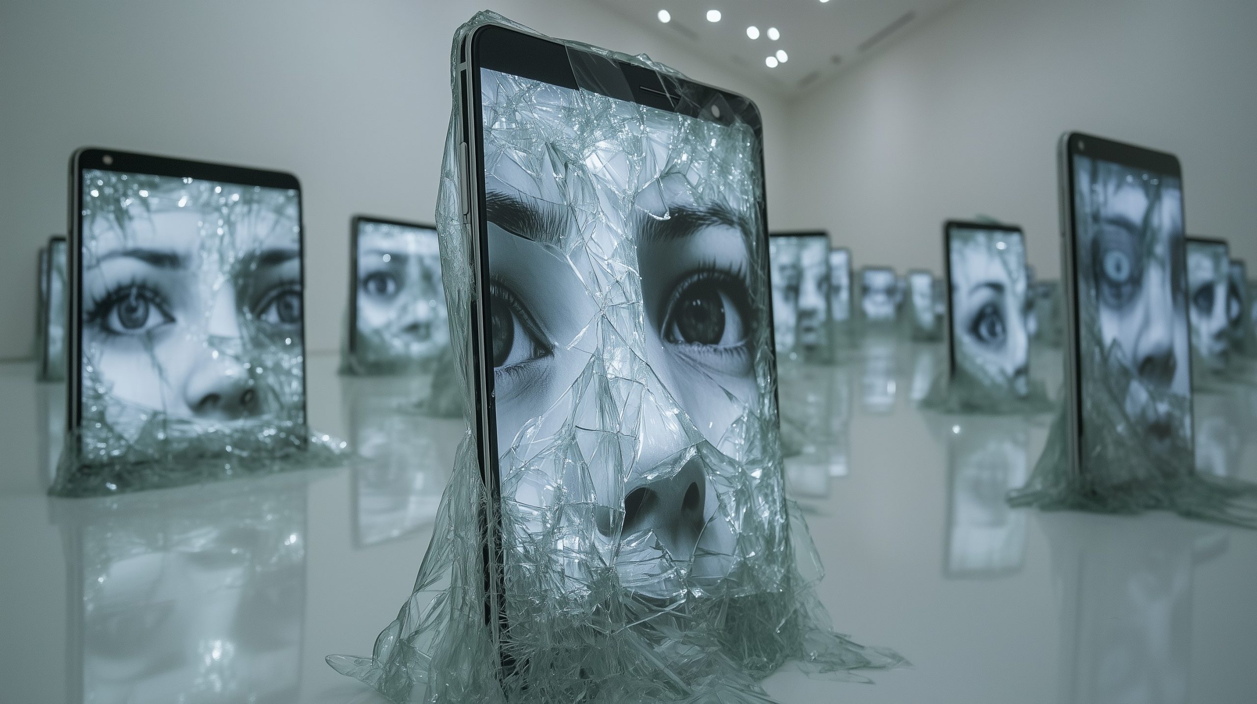 Phones Displaying Faces in Fragmented Screens