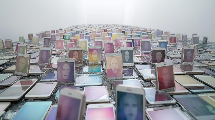 hundreds of smartphones each displaying a faint human face on a white background