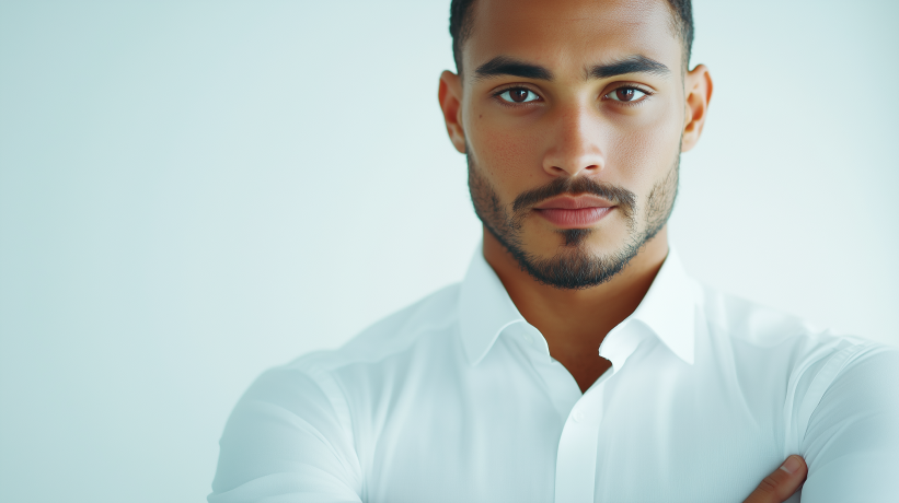 Serious young man in white shirt looking at camera